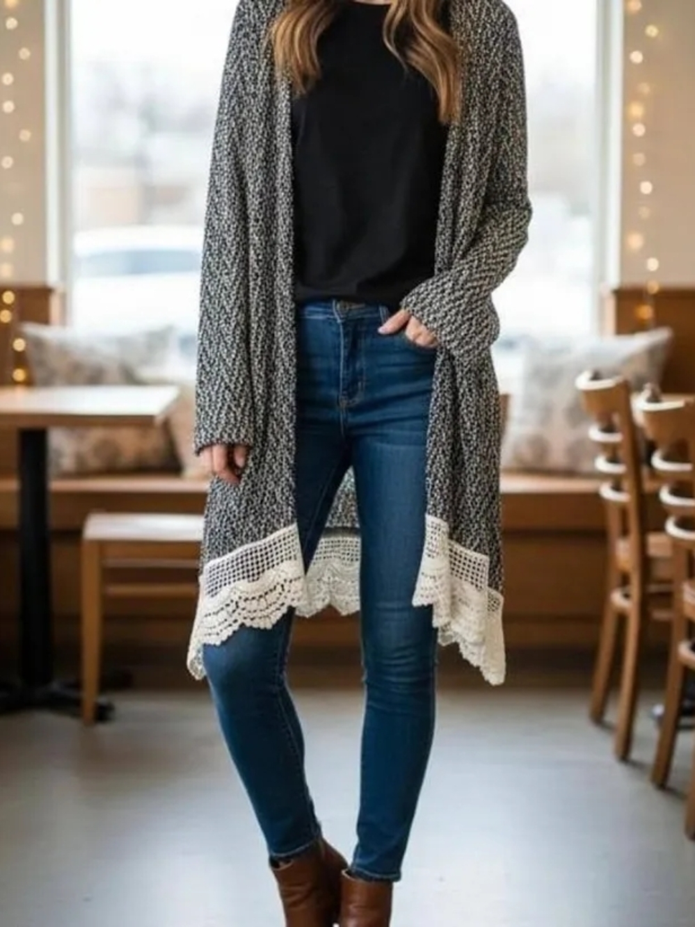 Arizona Black Cream Marled Knit Sweater Cardigan Lace Trim Medium Boho Office